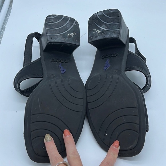 ECCO Black Strappy Leather Canvas Block Heel Open Toed Sandals Size 7 - Picture 5 of 14